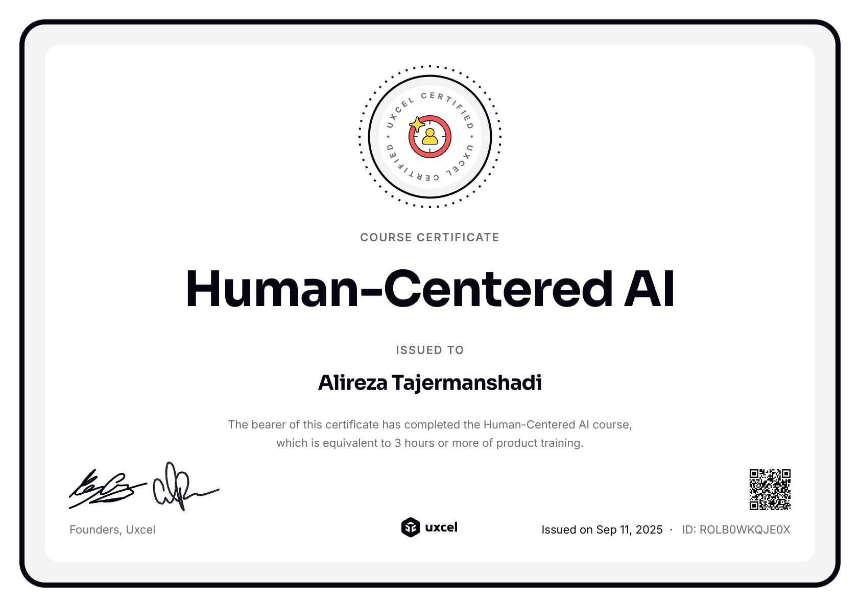 Ali Tajer's certificate